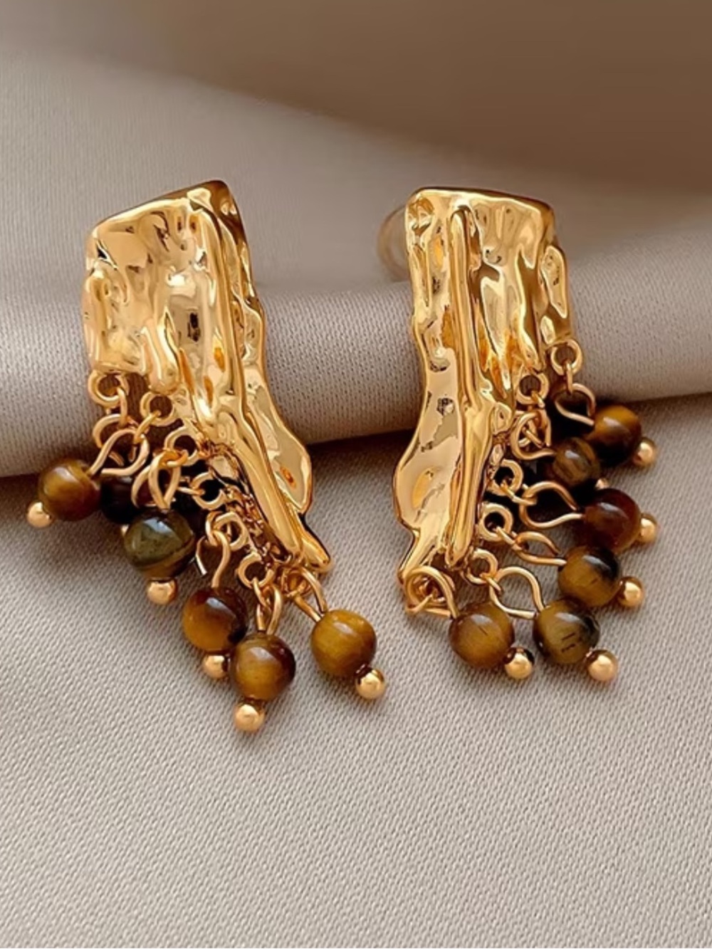 Gold-Tone Tiger Eye Dangle stud Earrings NEW unique